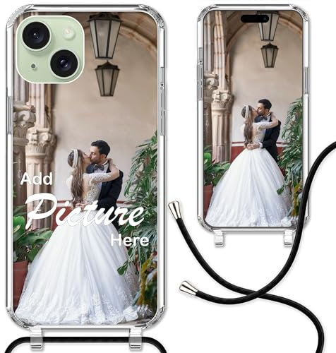 CoverHeld iPhone 15 Handyhülle mit Band selbst gestalten aus Silikon Hülle mit deinem Bild/Design personaliseren und einzigartig Machen/Handykette Kordel Band in Schwarz