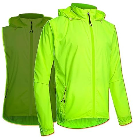 CLMETHE Herren Fahrrad-Laufjacken Trikots Weste 2-in-1 Damen-Fahrrad-Regenjacke Sommer voller Reißverschluss Leichter reflektierender winddichter Regenmantel Outdoor-Fahrradmantel,Green-XL