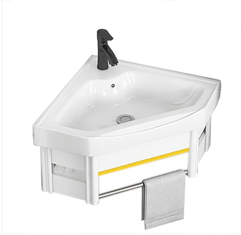 Lavello angolare per bagno, con montaggio a parete, bianco, con rubinetto, scarico, barra per asciugamani, perfetto per piccoli spazi