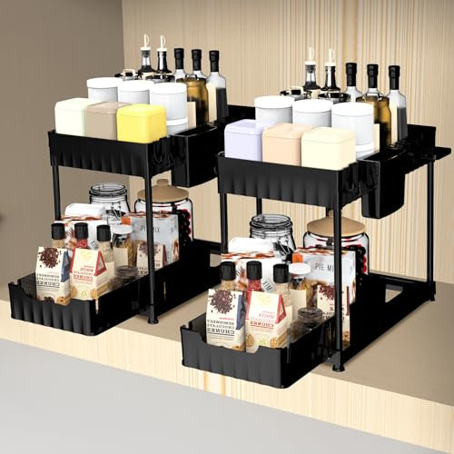 Latoxcaa Under Sink Kitchen Storage Organiser 2 Pack, ABS 2-Tier Sliding Shelf with Hanging Cups, Pull-Out Cupboard Storage Rack for Bathroom & Cabinet Use, Black