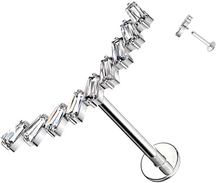 AWAKEN Piercing Labret in Titanio a forma di nove Baguette Cristalli Rettangolari e con Filettatura Interna PWC-056 Argento Trasparente