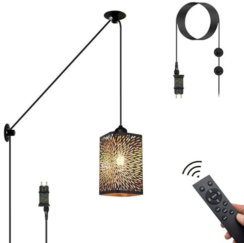Pendelleuchte Kit mit Stecker Fernbedienung Vintage Plug in Hängelampe Küche Lampenkabel mit 4,5 Meter Kabel E27 Lampenfassung Metall Feuerwerk Lampenschirm Hängeleuchte Küchenlampe Esszimmerlampe