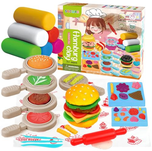 Qintora Formine Plastilina per Bambini, 21 Pezzi Plastilina Accessori e Strumenti per Argilla da Modellare,Macchina per Hamburger,6Barattoli di Pongo a Partire da 3 Anni per Ragazzo Ragazza