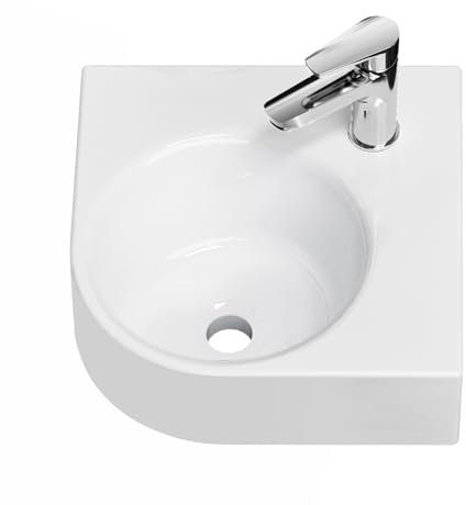 EMKE Lavabo de Cerámica 44 x 38.5 x 15.5 cm, Pequeño Lavamanos Triangular para Sobreponer, Instalación en la Pared, Lavabo Suspendido para WC de Invitados y Baño, Blanco Brillante