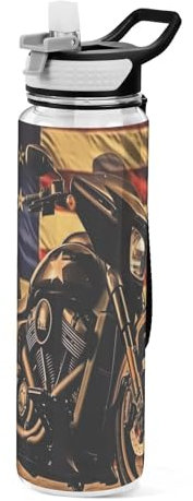 Grckit Vintage Motorcycle Flag Water Bottle 32oz Tritan BPA-free Leak-proof Sports Water Bottle with Carry Strap for Hiking Camping Gym Outdoors