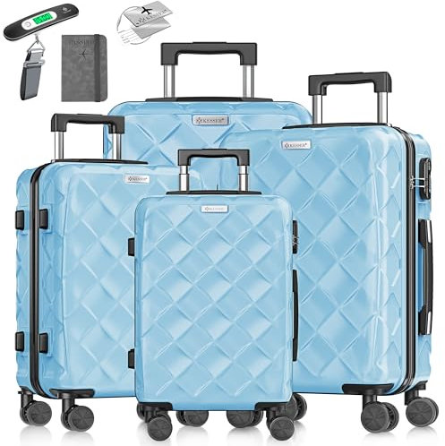 KESSER® Reisekoffer Set 4-teilig | Kofferset ABS Hartschalenkoffer mit Zahlenschloss, Kofferwaage & Reisebrieftasche 360° Rollen | Handgepäck & große Koffer für Business & Reise Trolley Sky Blue
