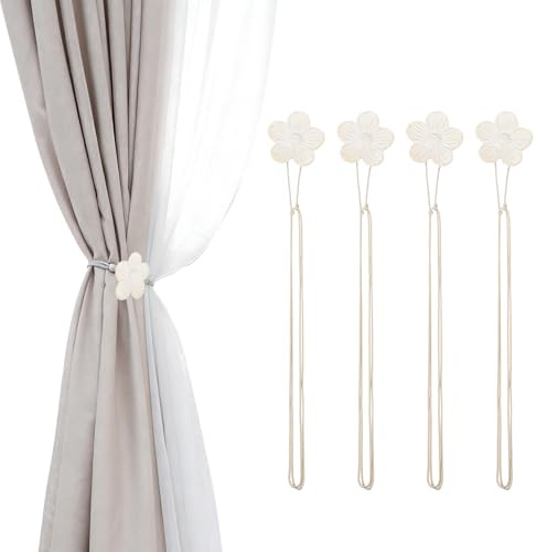 PATIKIL Fermacurtaine Magnetici, 4 Pezzi Fermacurtaine in Resina a Forma di Fiore, Fermacurtaine Vintage con Cordino, Fermacurtaine Decorativi Magnetici per Finestre per Casa, Albicocca