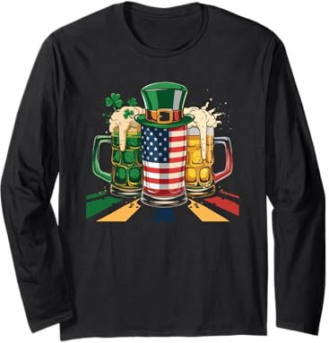 Chope à bière irlandaise Drapeau USA Trèfle Jour de la Saint-Patrick Manche Longue