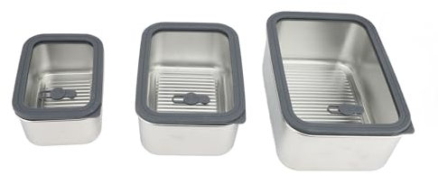 Set di 3 contenitori per alimenti in acciaio inox con coperchi trasparenti, ideali per organizzare i pasti in cucina e conservare alimenti ecologici