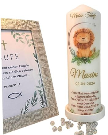 Personalisierte Taufkerze mit Motiv Löwe für Jungen und Mädchen zeichnet sich durch ein modernes und zeites Design aus, das sie einer idealen Wahl für jede Tauffeier macht