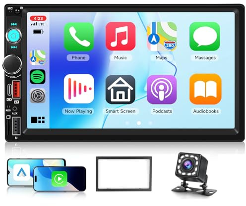 Hodozzy 2 Din Autoradio Wireless CarPlay Android Auto con 2 USB/USB-C, Schermo da 7 Pollici, Stereo Auto Bluetooth/Uscita Video/AUX/Radio FM + Telecamera Posteriore