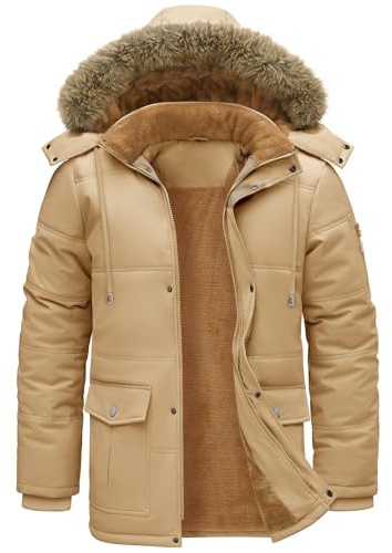Lonya Mens Winter Coat Warm Water-repellent Fleece Lined Ski Jacket Thermal Outdoor Windproof Parka with Detachable Hood