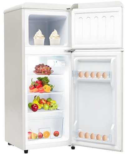 Frigorífico retro: Combinación frigorífico-congelador de dos puertas con 92 litros de volumen total, estantes de cristal, luz LED y un consumo de ahorro energético de 181 kWh/año,White