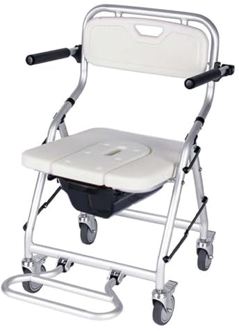 Folding Toilet Chair Shower Stool with Wheels, Portable Wheelchair with Flip-up Arms and Folding Footrest, Mobile Bedside Commode Chair for Elderly Disabled