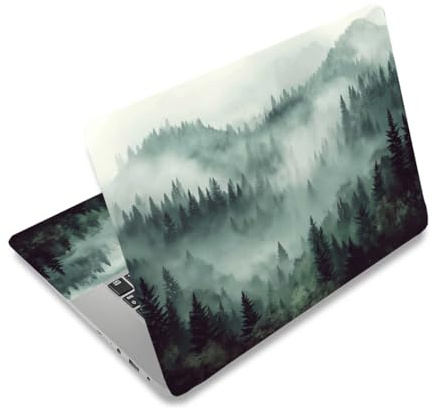 PLIGREAT Laptop Skin Aufkleber Mit Nebelwald Motiv Universalgröße Passend Für 12 13 13.3 14 15 Zoll Laptop Abnehmbar Wasserdicht Grüner Baum Ästhetischer Notebook Aufkleber PC Schutzabdeckung