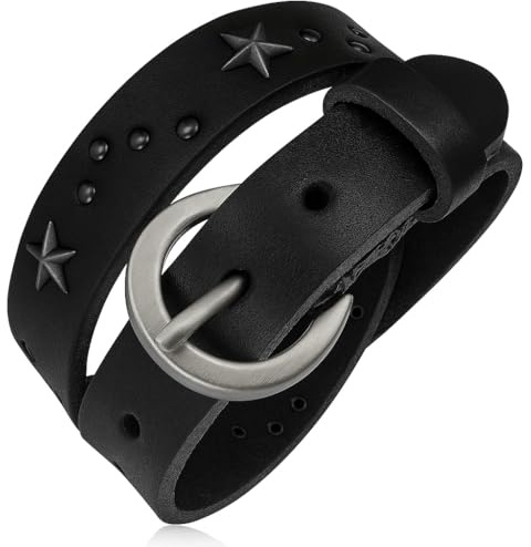 ZENSE - Bracelet homme ajustable en cuir noir double tour avec clous étoile en acier et boucle de ceinture ZB0122-A