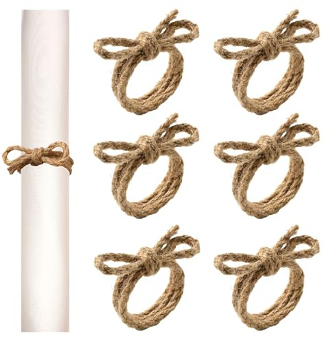 KASESSS 6 Pcs Jute Rope Bow Napkin Rings, Rustic Natural Burlap Napkin Ring, Handmade Farmhouse Serviette Rings For Wedding, Party, Dinner Table, Christmas Thanksgiving Table Decorations