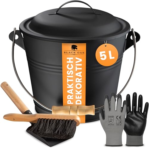 BLACK OAK Ascheeimer Piton 5L - mit Deckel + Feger, Schaufel & Handschuhen | - 5L groß - schwarz Deckel mit Holz-Griff Stahl feuerfest, verzinkt, pulverbeschichtet Eimer für Asche Kohle Zeitloses Design