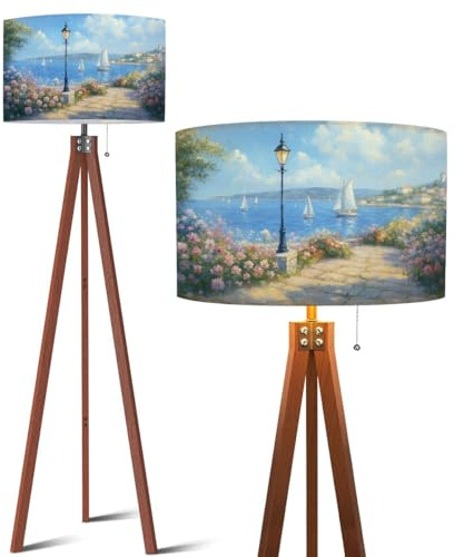 Wood Tripod Floor Lamp Blue Coastal Ocean Flowers Landscape Sailboat White Yellow Modern Mid Century Standing Lamp Linen Shade Dimmable Modern Tall lamp Home Decor for Living Room Bedroom Office