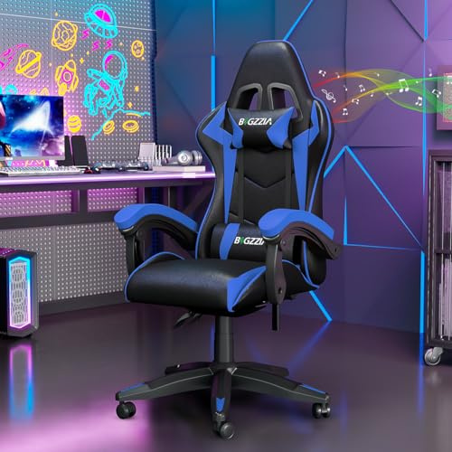 Bigzzia Silla Gaming,Silla Ergonómica Gaming,Altura Regulable Silla con Apoyo Lumbar y Reposacabezas, Respaldo Inclinable hasta 155° (NingúN RGB, Azul)