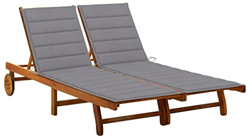 Mandloder 2-Personen-Sonnenliege Akazie Massivholz, Verstellbare Gartenliege & Relaxliege mit 2 Grauen Auflagen, Robuste Chaiselongue Terrassenliege für Strand, Pool, Outdoor, Ölbehandelt