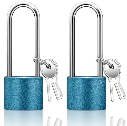 Lamondre Long Shackle Padlock with Keys, 2 Pcs Small Padlock Blue for Indoor, Gym Locker, Travel Bags, Cabinets - 32mm