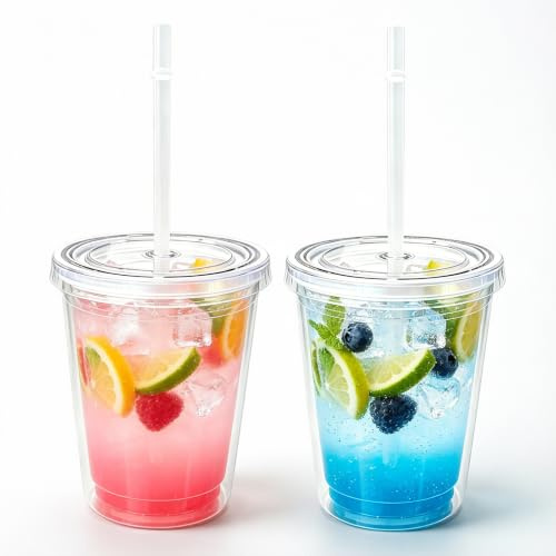 2 stycken återanvändbara hårdplastmuggar med lock och sugrör, 350 ml dubbelväggiga transparent plastmuggar med sugrör återanvändbara festkoppar för fruktjuice smoothie kaffe iskaffe