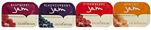 Lichfields 100 Portions de confiture contient 4 variantes 25xStrawberry, 25xRaspberry, 25xBlackcurrant, 25xApricot 20g chacun