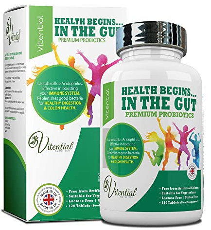 Vitential Nutrition Probiotics for Adults - 120 Vegan Tablets - High Strength Acidophilus Lactobacillus Probiotic Supplements – Promotes a Healthy Digestive & Colon Cleanse - Treatment for Men & Women