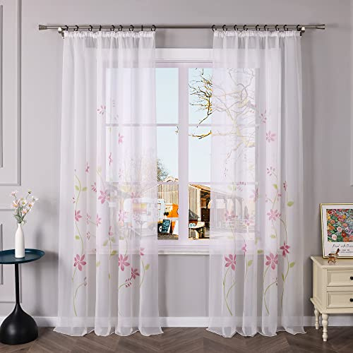 Yujiao Mao Voile Gardine mit Blumendruck Flowers farbenfrohe Vorhänge Schal mit Kräuselband 1er Pack Pink BxH 150x245cm