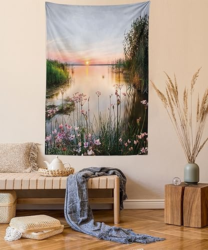 ABAKUHAUS Natur Wandteppich, Sonnenuntergang am See Chudskoy aus Weiches Mikrofaser Stoff Waschbar ohne Verblassen Digitaldruck, 150 x 110 cm,Baby Blue Hellrosa