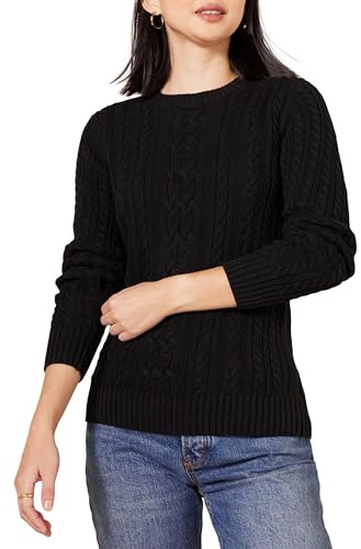 Amazon Essentials Pull de pêcheur à manches longues et col rond pour femme (disponible en grande taille), noir, L
