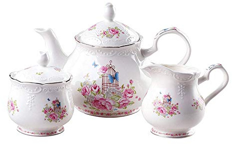 YBK Tech Euro Style Teeservice aus Porzellan, Kaffeekanne, Teekanne, Milchkännchen und Zuckerdose, rosa Rosen