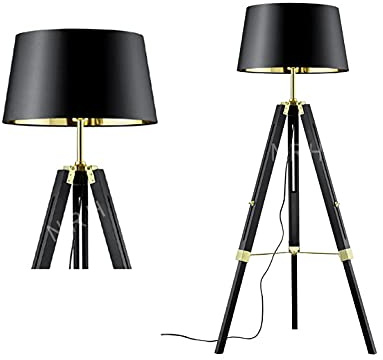 Lampadaire vintage en bois fait à la main avec trépied (sans abat-jour)