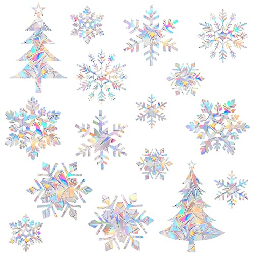 Window Decals for Bird Strikes - Anti-Collision Clings to Save Birds,Non Adhesive Vinyl Rainbow Suncatch Stickers, Easy Remove No Residue and Reusable,14 PCS Christmas Snowflake