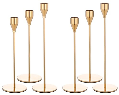 Showgeous Kerzenständer Gold 6er Set, Kerzenhalter Stabkerze Metall Deko Kerzenleuchter, Vintage Kerzenhalter für Wohnkultur, Hochzeit, Candlelight Dinner, Jubiläum, Schrankdekoration