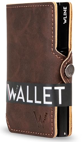 WLine Porta Carte di Credito Uomo e Donna Schermato in Pelle PU - Portafoglio Uomo Slim Rfid Compatto ed Elegante - Portatessere Uomo Tascabile (Marrone Scuro Vintage senza Zip)