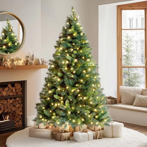 VeryMerry 6FT 'Snowhill' Pre Lit Christmas Tree with 300 Built-In Warm White LED Lights with Auto-Off Timer, 8 Lighting Modes and Foldable Metal Stand