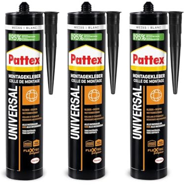 Pattex Montage Universal, vielseitig einsetzbarer Montagekleber für alle Materialien*, Baukleber für innen und außen**, elastischer Universalkleber zum Kleben & Montieren, 3x420g Kartusche