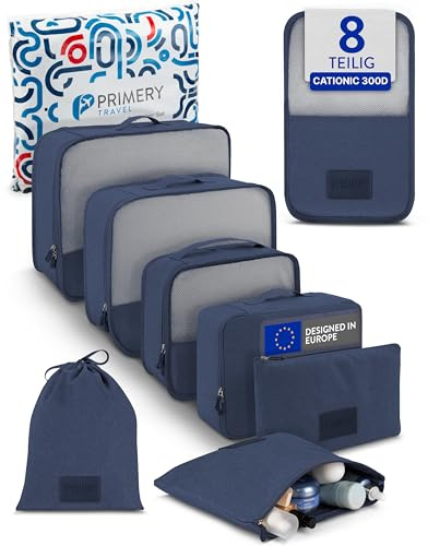 PRIMERY 8-teilige Packing Cubes Koffer Organizer (blau) - Packwürfel & Packtaschen für Urlaub & Reisen - Koffertaschen für Kleidung, Schuhe, Unterwäsche - Suitcase Reise & Travel Kleidertaschen