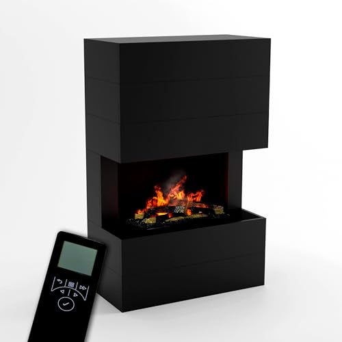 GLOW FIRE Wasserdampf Kamin TUCHOLSKY (Standkamin) - Elektrokamin mit realistischen LED 3D-Flammen, Knistereffekt & Fernbedienung, 90x140x45 cm - Opti-Myst 600 Elektro Kamin mit Holz-Deko, Schwarz
