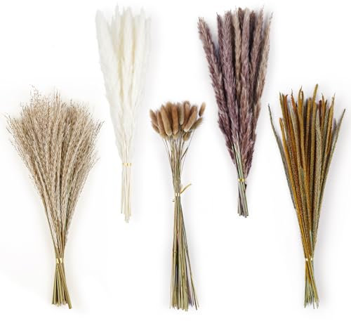 HOTUT Getrocknetes Pampasgras,130 Stück Natürliche Trockenblumen Deko, Flauschige Natürliche Pampasgras Deko Ideal for Boho Hochzeit Wohnzimmer Schlafzimmer-und Vasen Deko