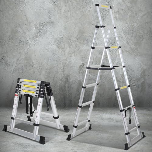 Yakimz Scala telescopica 1,7 m + 2 m, scala pieghevole 5 + 6 gradini in alluminio con asta di bilanciamento e stabilizzatore triangolare, telaio ad A, portata massima 150 kg
