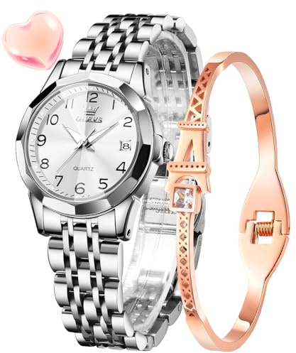 OLEVS Damenuhr Diamant Analog Quarz Uhren Damen Edelstahl Wasserdicht Leuchtend Modisch Elegantes Kleid Armbanduhr Armreif Geschenk Set