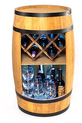 CREATIVE COOPER Baril LED RVB avec Support à Vin - Casier - Tonneau en Bois - Bar de Maison - 80 x 50 cm - Décoration Rustique - Armoire (Marron Clair)