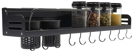 Étagère à épices murale, sans perçage, avec crochets mobiles et 2 porte-ustensiles, porte-couteaux, gris/noir, 60 cm, charge totale : environ 20 kg