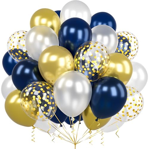 Palloncini blu oro, 60 pezzi da 12 pollici, blu marino, bianco, con coriandoli metallizzati cromati, oro, in lattice, per ragazzi, uomini, compleanni, matrimoni, baby shower, laurea, anniversari
