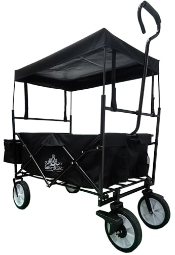 Beach Trolley Cart Utility Garden Folding Wagon With Canopy Festival Camping XL Truck Pull Along Cover Extra Large Fishing Picnic Gardening Foldable Folding Shopping Barrow Transport Plants Black Roof