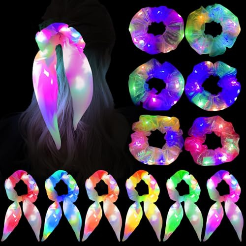WIYETY Leuchtende Haargummis LED Haarbänder: 12 Stück LED Haarschmuck Scrunchie mit 3 Licht Modi Leuchten im Dunkeln Haargummis Haarschmuck für Party, Kostümpartys, Karneval, Neonpartys