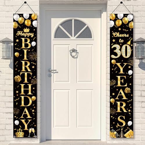 30th Birthday Party Decorations Banner - Happy 30th Birthday Door Porch Sign Banners Black Gold Door Banner for Women Men Party Decoration Supplies